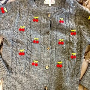 Cherries!! Cable Knit Cardigan Hazel Moon appliquéd Charcoal grey